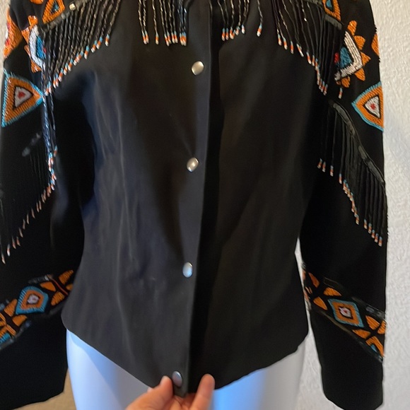 Vintage Southwest Native inspired western beaded fringe jacket black turquoise - Picture 9 of 13